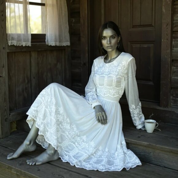 Burberry white Lace Bohemian Mid Length Long Sleeve Dress Size 8 - Picture 1 of 9